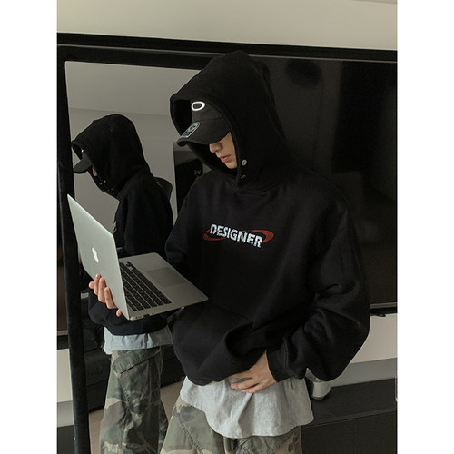 PLTH*冬季加绒加厚抗寒内里羊羔绒连帽金属防风扣情侣连帽卫衣男 - 图2