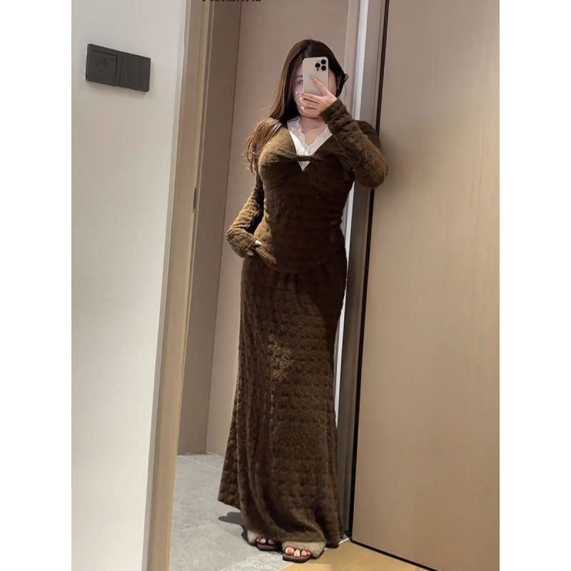 大码胖mm美式辣妹蕾丝镂空假两件长袖T恤女秋冬内搭纯欲修身上衣 - 图2