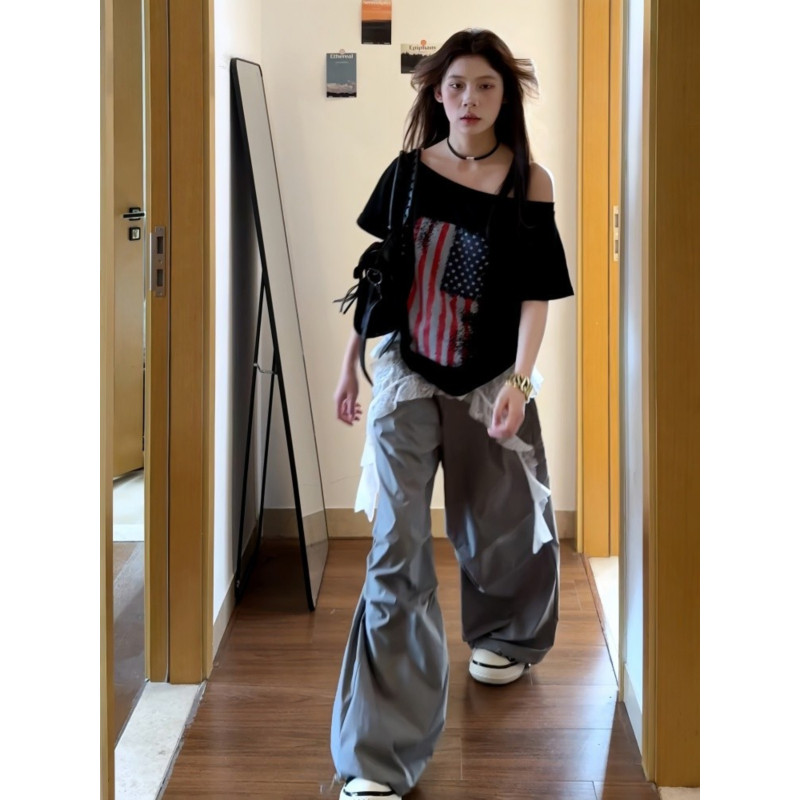 大码胖mm美式蕾丝拼接假两件工装裤女夏季宽松运动速干阔腿伞兵裤,淘宝优惠券,粉丝福利购,淘宝优惠卷