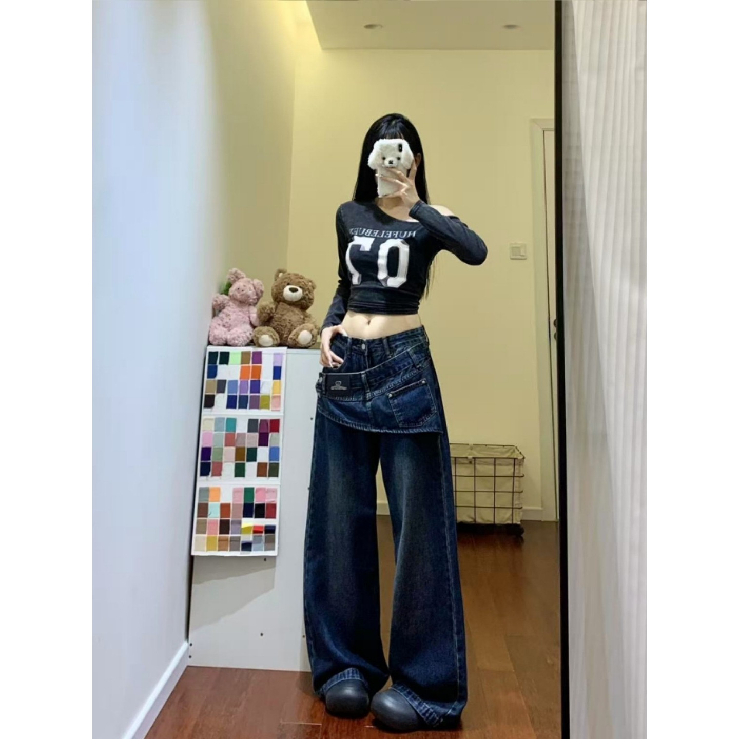 大码胖mm美式街头假两件屁帘牛仔裤女秋冬设计感高腰显瘦阔腿裤潮,淘宝优惠券,粉丝福利购,淘宝优惠卷