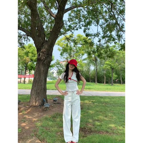 大码胖mm韩系纯欲bm风V领正肩短袖t恤女夏季辣妹修身别致绝美上衣 - 图2