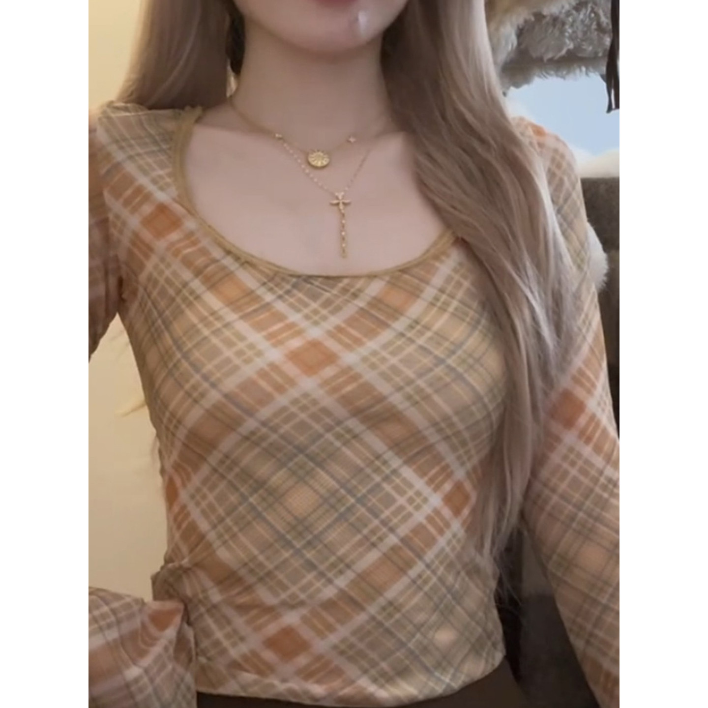 大码胖mm美拉德复古格纹网纱长袖t恤女秋季辣妹慵懒修身百搭上衣,淘宝优惠券,粉丝福利购,淘宝优惠卷