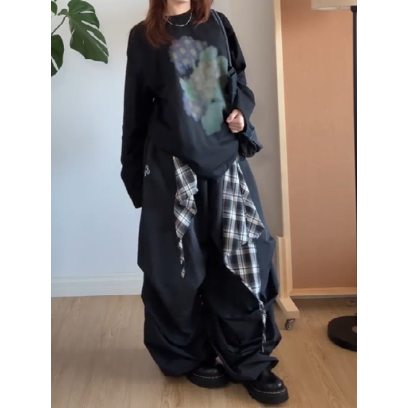 大码胖mm美式复古褶皱格子系带休闲裤女秋季宽松垂感嘻哈街舞裤子 - 图1