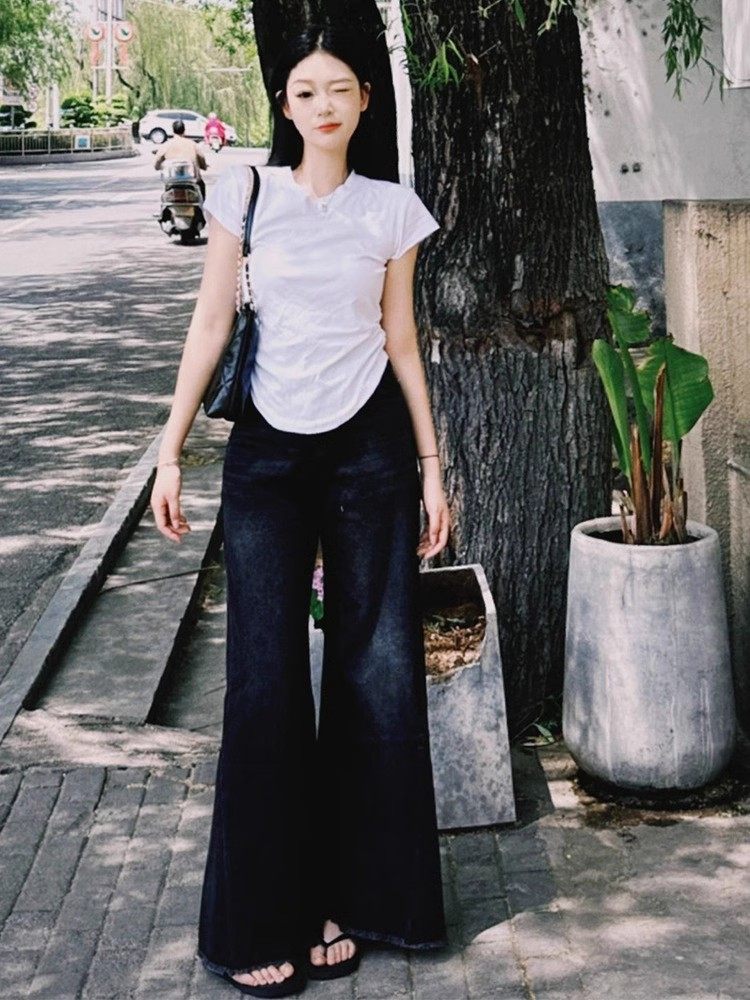 梨型身材穿搭黑灰色阔腿牛仔裤女美式复古大码宽松垂感拖地喇叭裤,淘宝优惠券,粉丝福利购,淘宝优惠卷