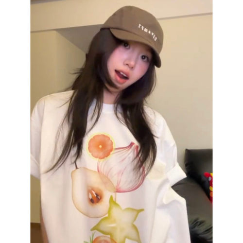 大码胖mm美式水果印花白色短袖t恤女夏季设计感宽松百搭休闲上衣 - 图2