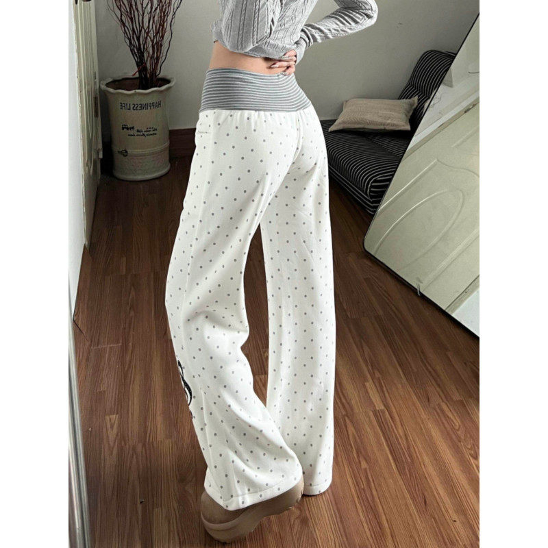 大码胖mm美式复古加绒波点直筒卫裤女秋冬高腰显瘦加厚休闲阔腿裤,淘宝优惠券,粉丝福利购,淘宝优惠卷