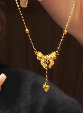 金黄色蝴蝶结爱心仿真项链时尚气质沙金在逃公主吊坠金色锁骨链子