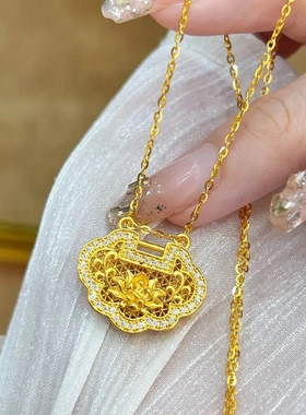 金色仿真莲花如意锁项链女