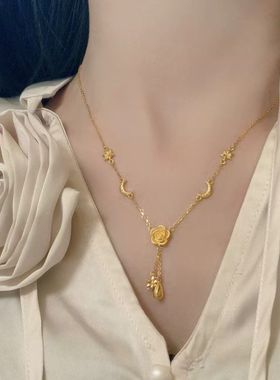 新款黄金色轻奢超仙唯美艳丽感金丝缠绕玫瑰项链高级感小众锁骨链