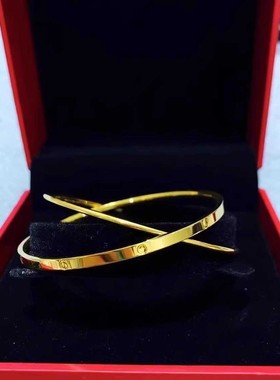 18k镀金双圈手环小众复古黄金色圆点手镯实心简约仿真金手饰送礼