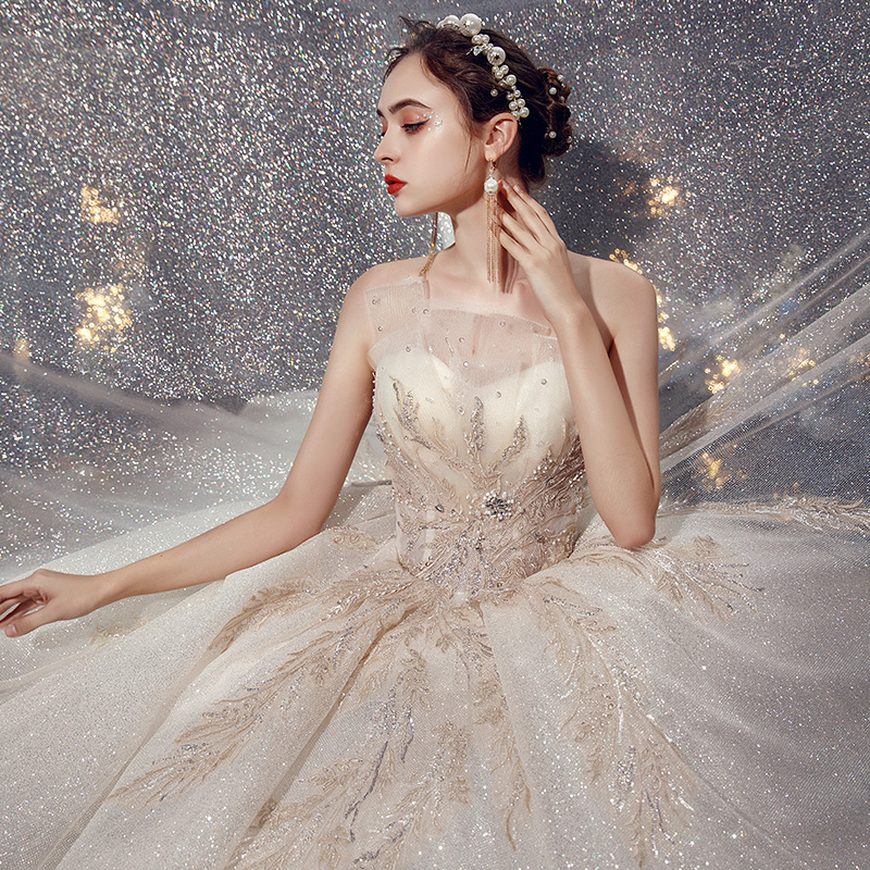 爱白汇旗舰店高端奢华婚纱新款气质拖尾新娘礼服森系星空抹胸大码性感梦幻1