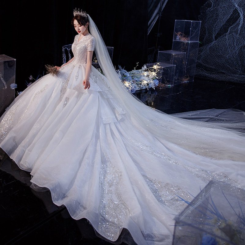 爱白汇旗舰店V领婚纱新款气质新娘礼服孕妇星空大拖尾森系超仙梦幻蓬蓬裙1