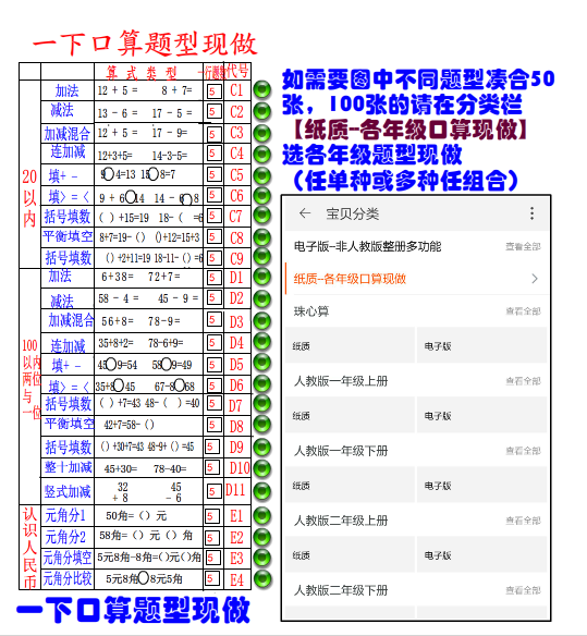 d1【一下纸质】一年下册100以内两位与一位及整十单加减口算题卡 - 图0