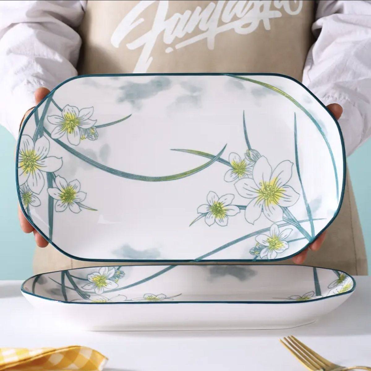 水仙花釉下彩12英寸30厘米大鱼盘蒸鱼盘长方形烤鱼盘子陶瓷家用,淘宝优惠券,粉丝福利购,淘宝优惠卷