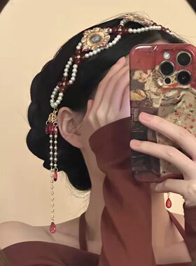 新中式红色珍珠流苏手工发链