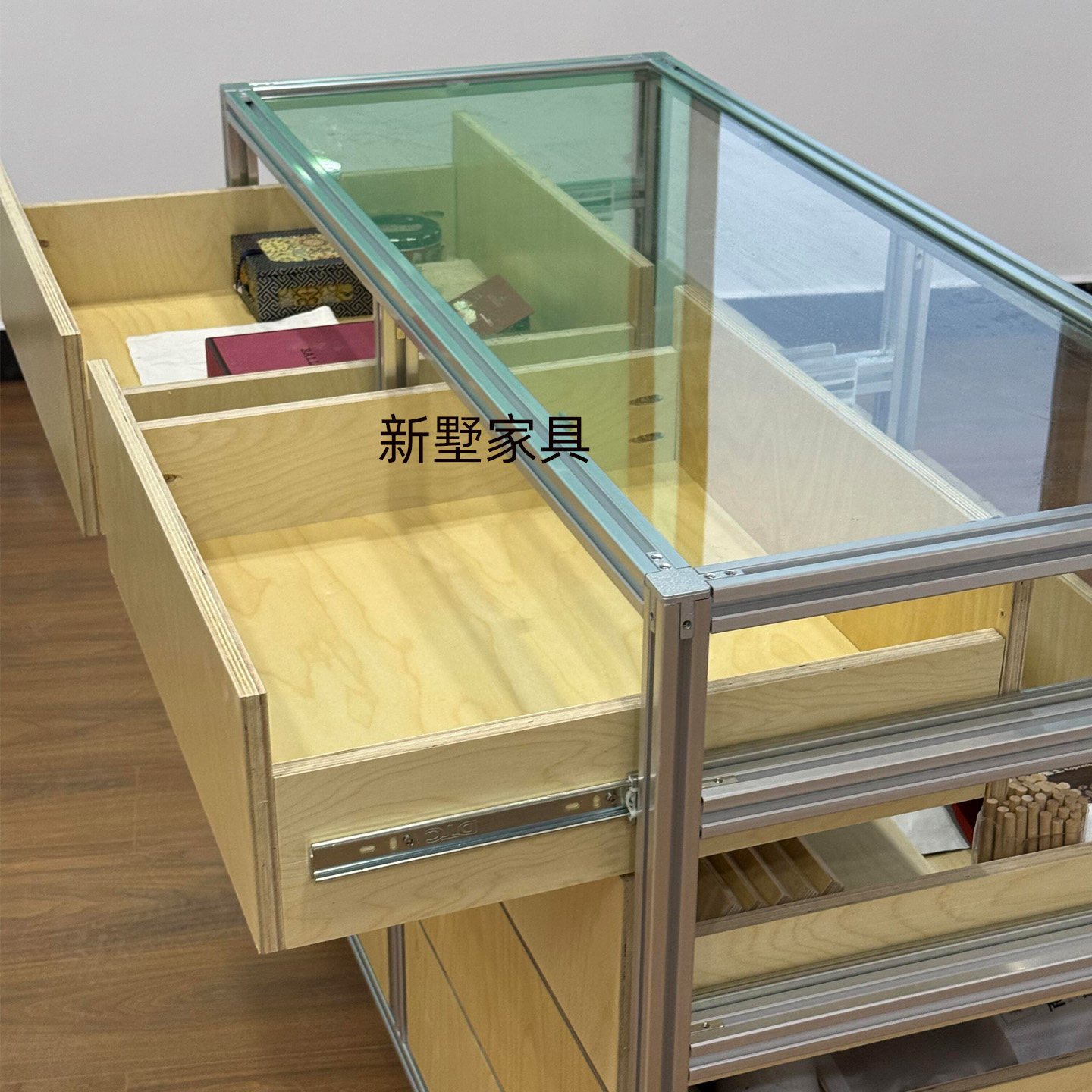 工业风原木色岛台柜子可移动带轮抽屉柜铝型材框架玻璃台面收纳柜,淘宝优惠券,粉丝福利购,淘宝优惠卷