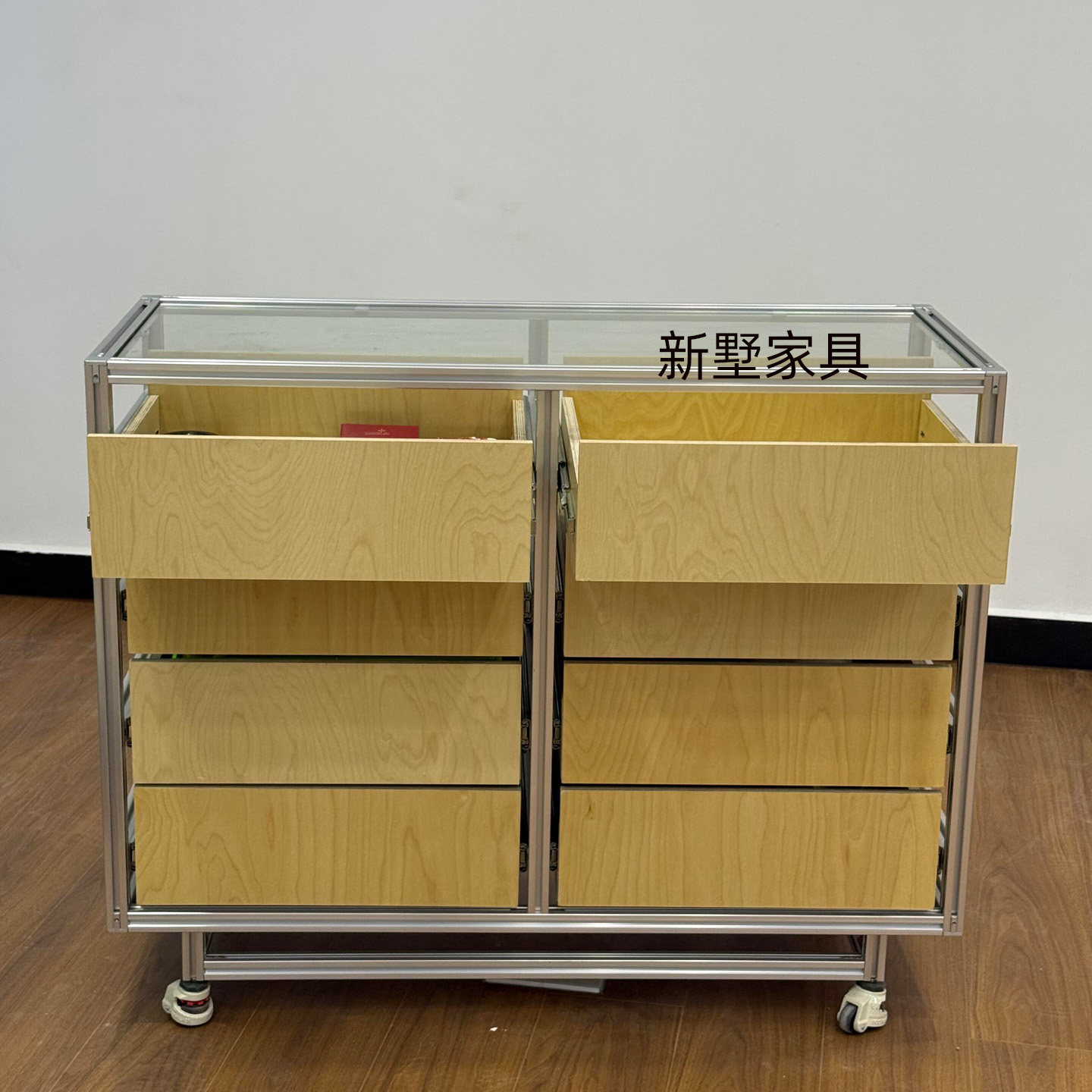 工业风原木色岛台柜子可移动带轮抽屉柜铝型材框架玻璃台面收纳柜,淘宝优惠券,粉丝福利购,淘宝优惠卷