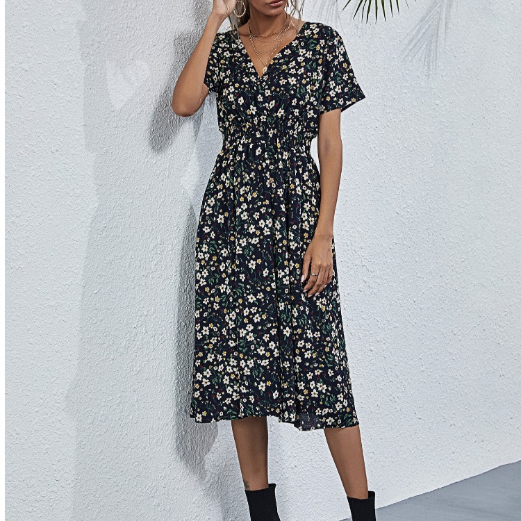 2021 multicolor printed V-neck short-sleeved dress women