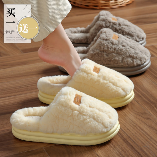 买一送一棉拖鞋女款冬季2025新款室内家居情侣一对毛绒保暖棉拖男 - 图1