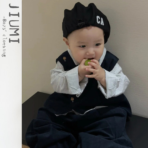 男童2026春季新款帅气套装儿童条纹衬衫男宝宝生日周岁礼服三件套 - 图0