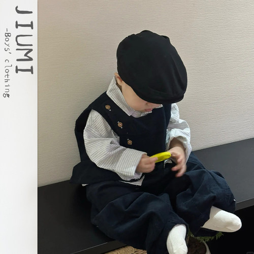 男童2026春季新款帅气套装儿童条纹衬衫男宝宝生日周岁礼服三件套 - 图1