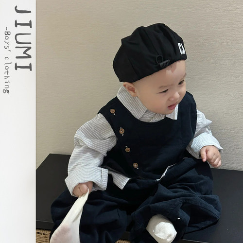 男童2026春季新款帅气套装儿童条纹衬衫男宝宝生日周岁礼服三件套 - 图2