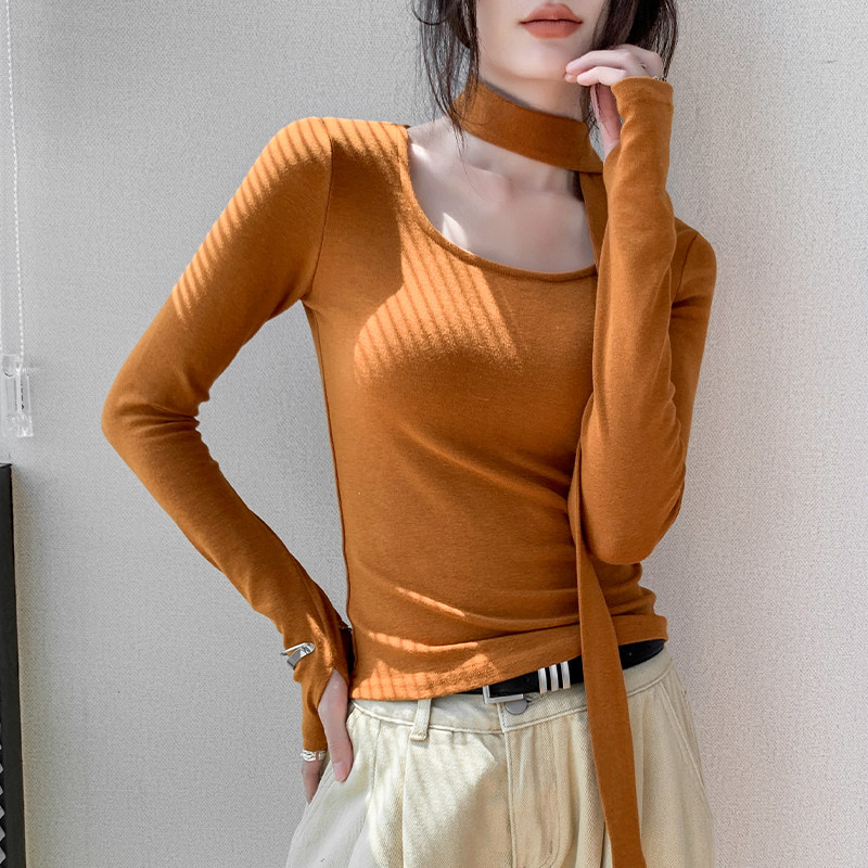 歌倍尚飘带方领长袖T恤女2025初春新款修身洋气高级感内搭打底衫 - 图2