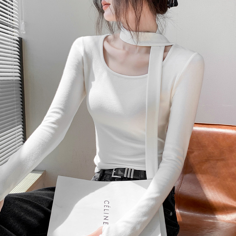 歌倍尚飘带方领长袖T恤女2025初春新款修身洋气高级感内搭打底衫 - 图3