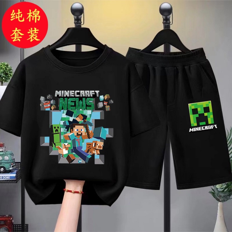我的世界男女童夏季纯棉套装新款儿童卡通短袖短裤T恤薄款两件套 - 图0
