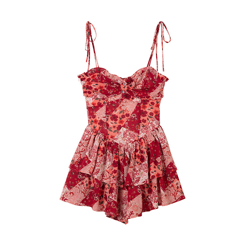 1P STUDIO原创设计 复古红色碎花吊带裙秋冬高级感双层下摆连衣裙