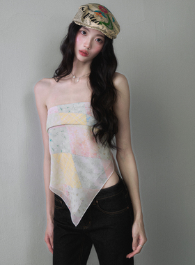 1P STUDIO 马卡龙拼色菱格抹胸大方巾女秋装性感辣妹外穿内搭上衣