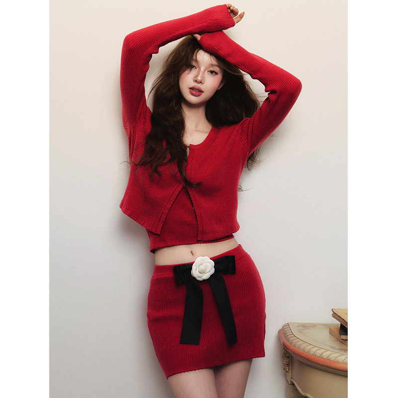 1P STUDIO 红色螺纹针织套装女秋冬开衫吊带包臀裙高级感三件套装,淘宝优惠券,粉丝福利购,淘宝优惠卷