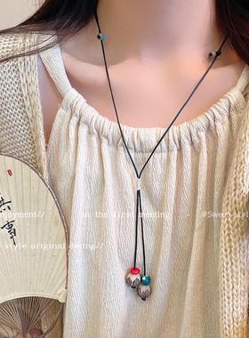新中式长款松子编织项链女民族风复古小众设计感毛衣链配饰锁骨链