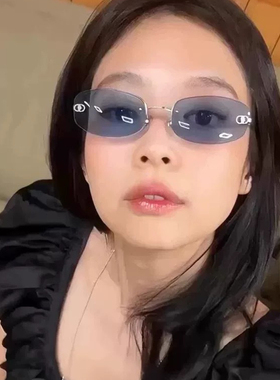 蓝色无边框时髦高级感拍照墨镜潮