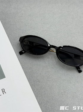 复古椭圆黑色金边墨镜欧美老钱风