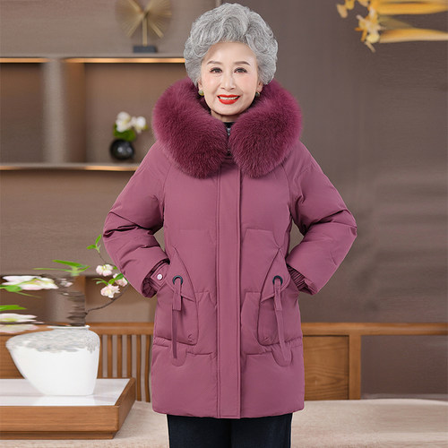 妈妈羽绒服女厚保暖冬装中老年中长款狐狸毛领奶奶白鸭绒连帽外套 - 图2