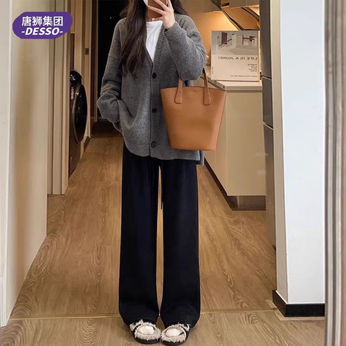 唐狮DESSO秋冬新款糯米裤高腰垂感宽松加绒直筒阔腿裤7 - 图1