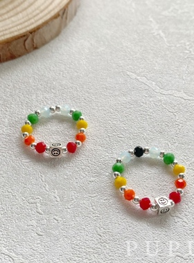 PUPU手工s925纯银彩虹笑脸戒指水晶隔珠教学百搭ins不撞款