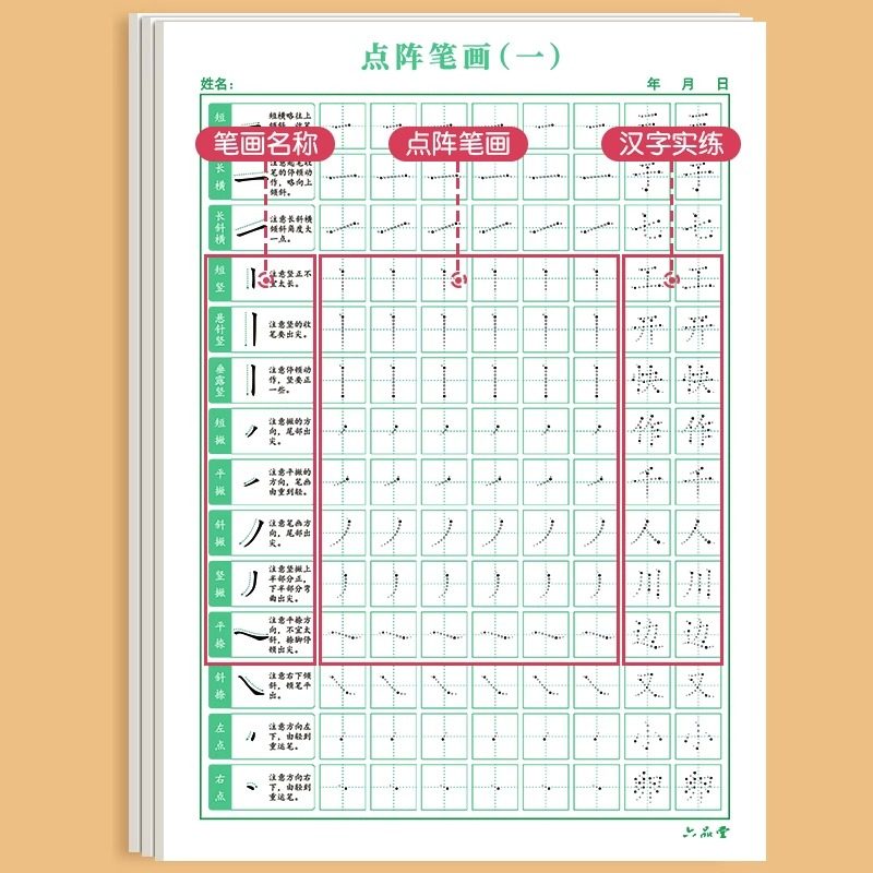 六品堂点阵控笔训练字帖楷书笔画笔顺偏旁部首儿童幼儿园一年级