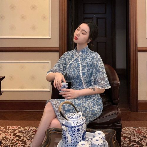 麓津自制《青黛》复古新款少女披肩改良旗袍连衣裙子蕾丝两件套 - 图0