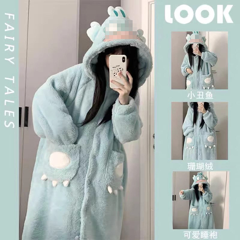 new小丑鱼卡通睡衣女冬季珊瑚绒学生睡袍加绒加厚连帽家居服套装,淘宝优惠券,粉丝福利购,淘宝优惠卷
