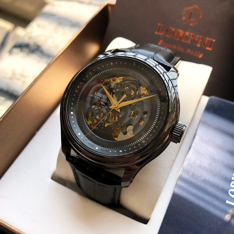 罗宾尼正品男全自动镂空皮带机械表 lobinni华琴国产腕表