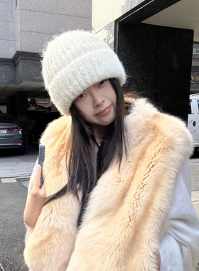 自留~韩版简约针织毛线帽软糯保暖显脸小套头帽纯色百搭休闲冷帽
