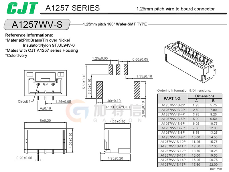 A1257WV-S-6P CJT/长江连接器 GH1.25mm立式贴片 6PIN针座连接器-图3