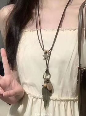 新中式禅意古铜羽毛项链女长款双层叠戴毛衣链波西米亚民族风配饰