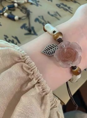 新中式山茶花编织手链女原创设计小众陶瓷手饰民族风手绳饰品