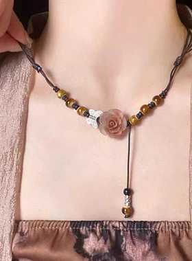 玫瑰花项链陶瓷锁骨链女合金