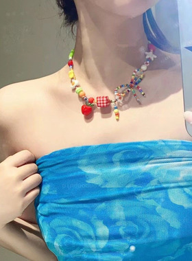 多巴胺彩色苹果星星串珠项链2025新款轻奢夏日锁骨链