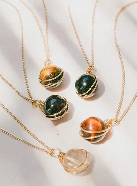 天然水晶红玛瑙不锈钢项链海蓝宝珠子绕丝吊坠饰品