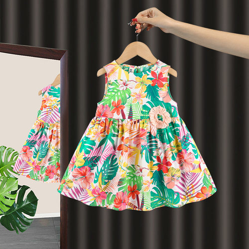 女童碎花连衣裙夏季儿童沙滩吊带公主裙周岁宝宝礼服三岁女孩衣服 - 图0